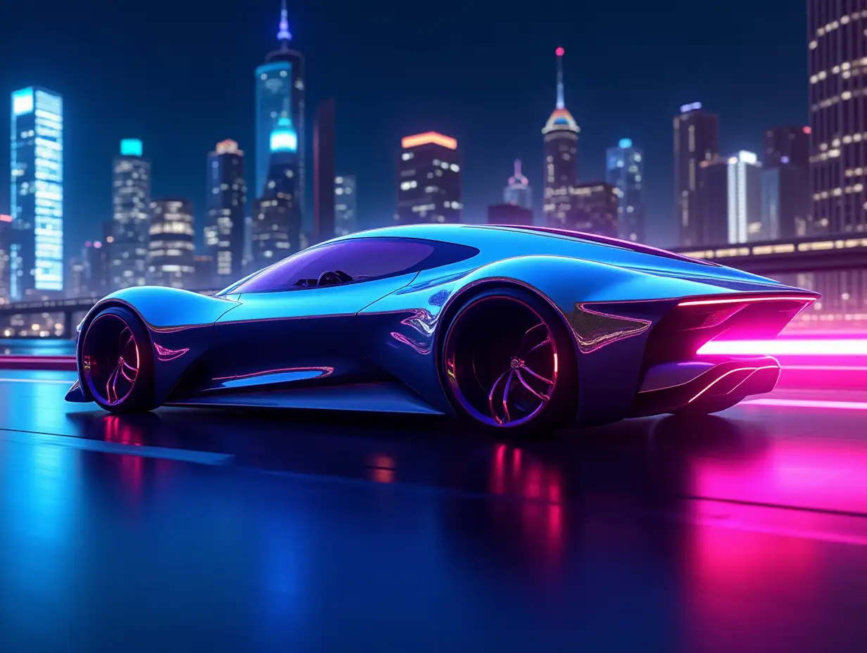 A sleek, futuristic car with a streamlined design, featuring smooth curves and sharp angles. The car is adorned with glowing neon lights, in vibrant shades of electric blue, pink, and purple, accentuating its modern, high-tech appearance. The vehicle's body reflects the neon hues around it, making it look like it's speeding through a neon-lit city at night. The car's wheels are designed to hover slightly above the ground, adding to its futuristic vibe. The background showcases a futuristic city skyline, illuminated with glowing lights and towering skyscrapers, creating a dynamic and energetic atmosphere.