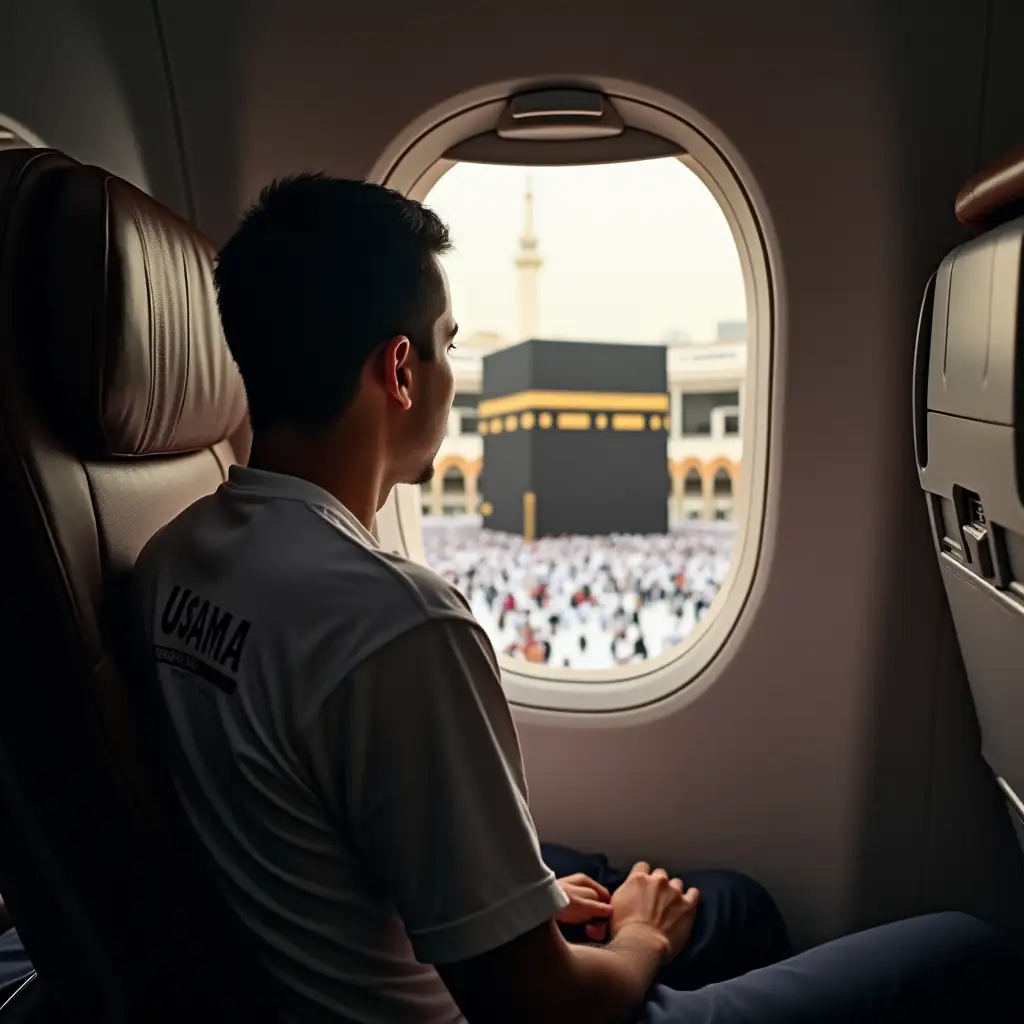 Create an image of a person sitting in an airplane, looking out the window at the Kaaba in Mecca, with the name 'USAMA' on the person's shirt.