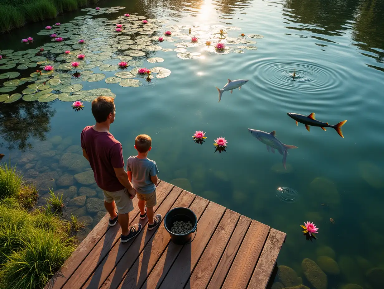 a top view but very close to a man and his two sons of different ages - they are standing on a wooden pier made of expensive decking boards painted in mahogany color, and next to them on the pier is a bucket with caught fish, they are all happy, this pier extends from a grassy shore which also falls into the frame, they catch fish and look directly at very transparent water of the pond - so transparent that it is very clear and distinct through the water you can see the stony bottom of the pond with flashes of sunlight penetrating through the ripples on the water surface, and on the surface of the pond there are many pink large and small lilies and their green leaves, also at the very bottom of the pond you can see various gray fish, one big fish jumped out of the water leaving a splash, the opposite bank of the pond is not visible, the setting sun and lighting, many ripples and flashes on the water, there is a reflection of a chalet house with panoramic windows in the water but the house itself is not visible