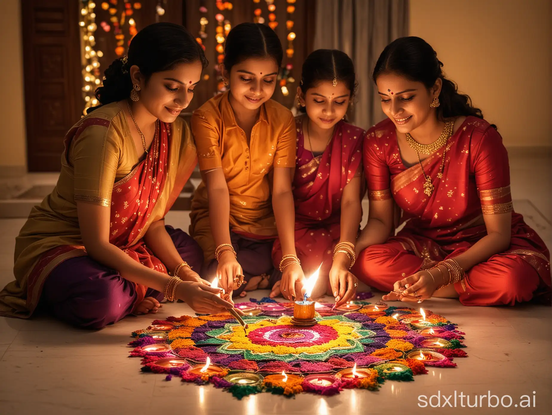 Family-Lighting-Diyas-on-Diwali-Night-with-Colorful-Rangoli-Designs