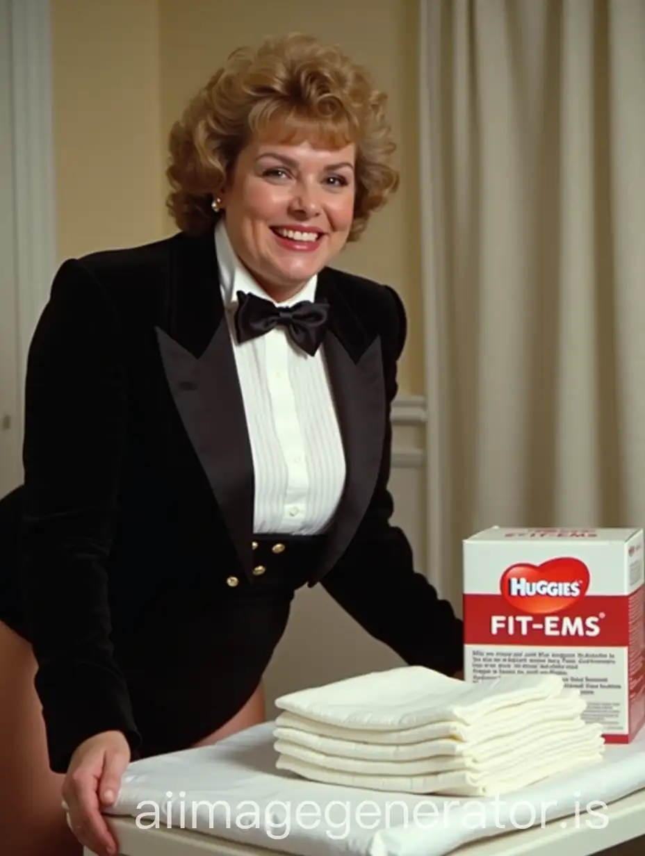 1980s-Huggies-Diaper-Product-Demonstration-in-Nursery-by-Caucasian-Woman-in-Formal-Tuxedo