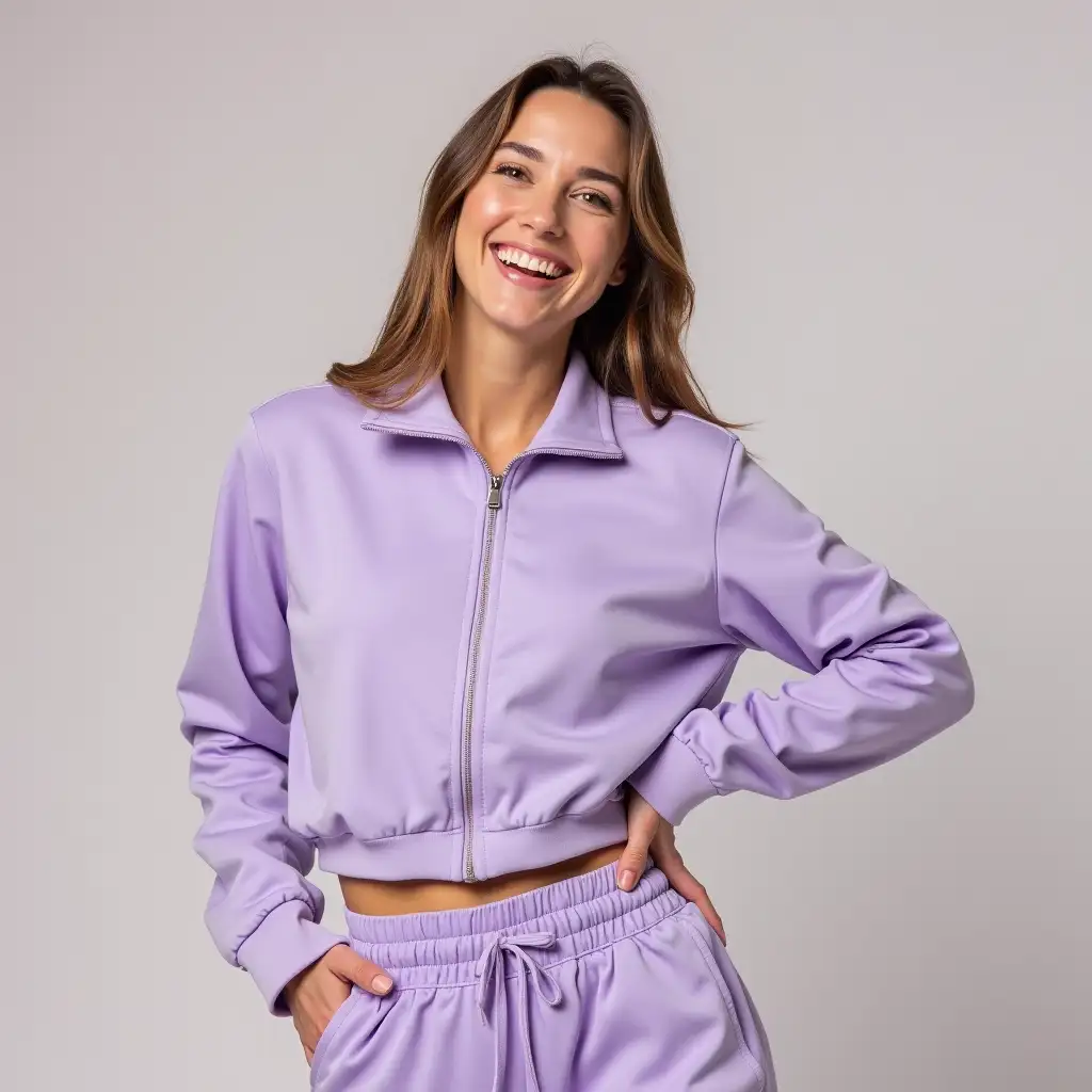 a sporty happy 30 year old girl in a lavender sports suit