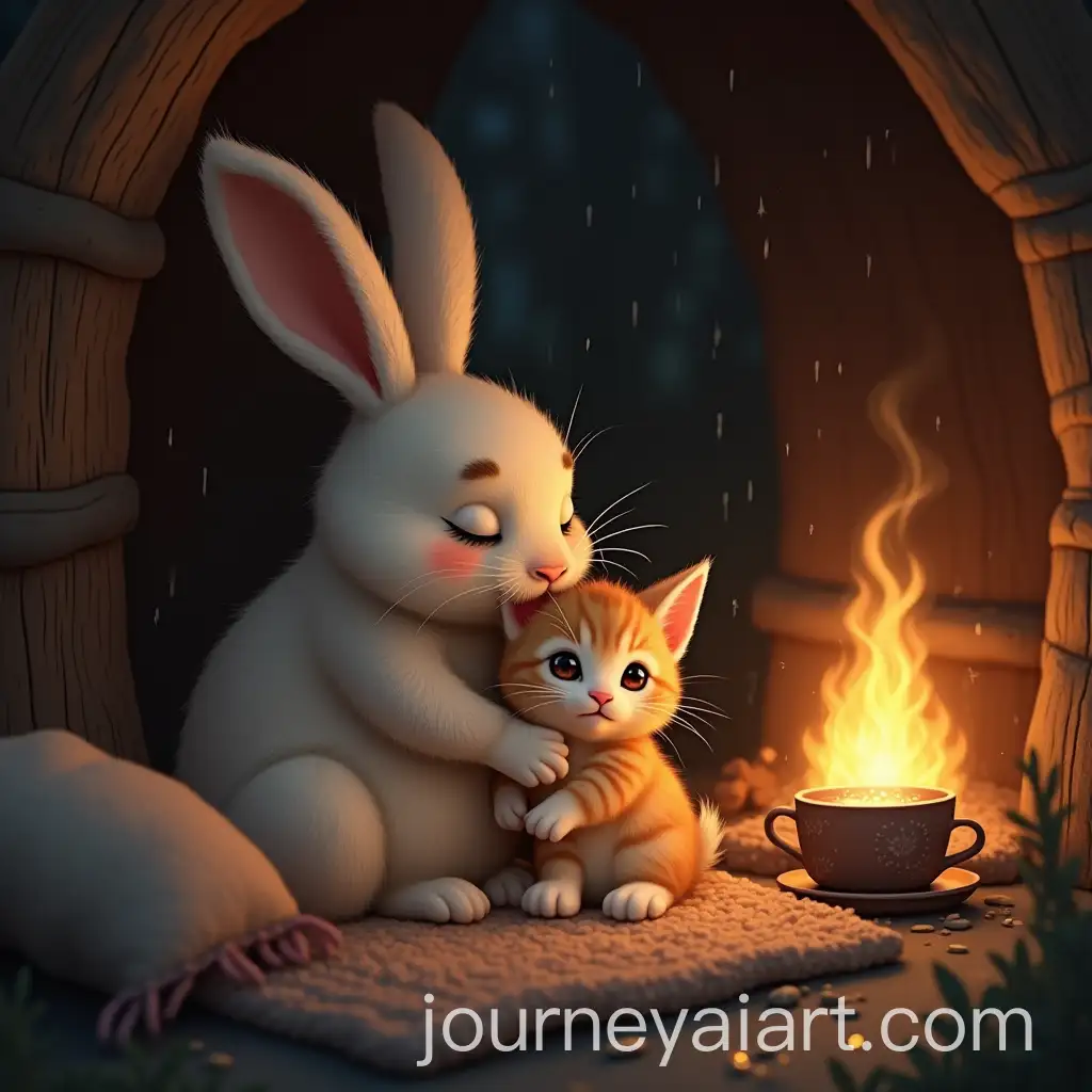 Rabbit-Comforting-Kitten-by-a-Crackling-Fire-in-a-Cozy-Cabin
