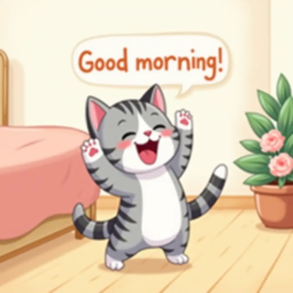 The cartoon cat, located slightly off-center to the right of the image, is depicted in a bedroom setting. The light gray kitten with white and dark stripes is standing on its hind legs and stretching, waking up and raising its front paws upward. Its fur is fluffy and detailed. The kitten's eyes are closed and its mouth is wide open, yawning and stretching. Its paw pads are pinkish-red. The cat is on a light wooden floor in front of a light wooden bed with a light pink-red quilt. The room is bright, above which is a speech bubble with a 'Good morning' greeting. A small plant in a pot with pink roses is partially visible in the background, to the right of the cat. Soft natural light illuminates the scene. The perspective is from a slightly elevated viewing point, looking down at the cat from above. The style is friendly and playful, intended to convey a sense of a good morning. The composition focuses on the joyful expression of the cat, highlighting its cute and cheerful mood.