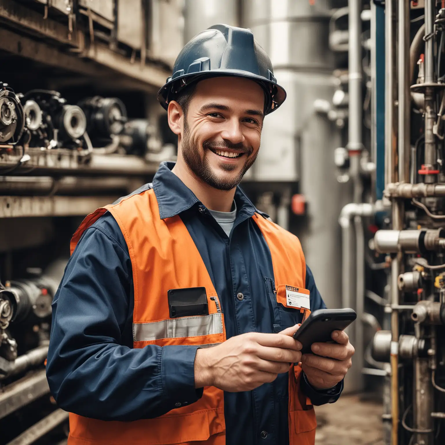 Smiling Maintenance Technician Using Mobile App for Efficient Inspections