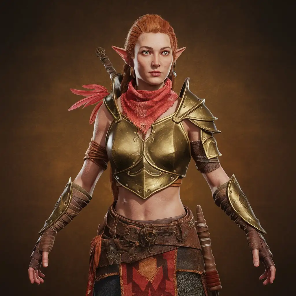 Female-Elf-in-Brass-Armor-with-Red-Feather-Scarf-and-Tan-Skin