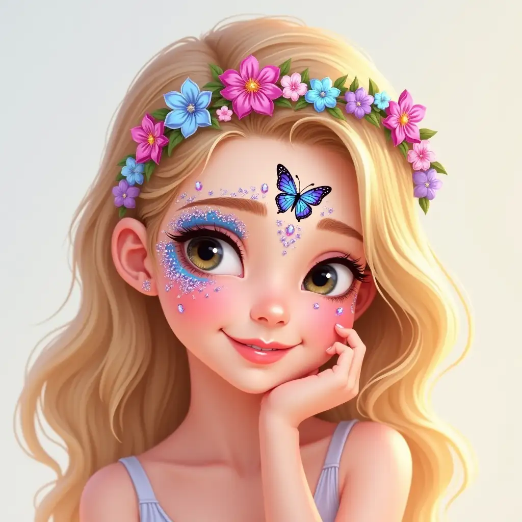 Please, generate a SIMPLE 2D DIGITAL STYLE ILLUSTRATION of a beautiful young girl with golden blonde hair, styled in soft waves. She wears a delicate floral headband made of pink, purple, and blue flowers. Her face is painted with an intricate butterfly design in shades of blue, pink, and purple, with sparkling details. She smiles gently with one hand resting under her chin.