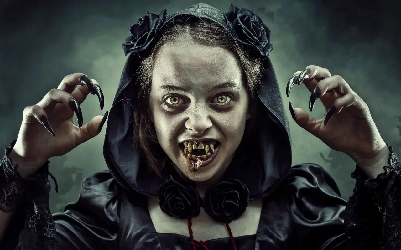 Here's a prompt to generate a similar image to the one provided: **Prompt:** A menacing, close-up, low-angle view of a monstrous young woman with unsettling features. She has a pale, gaunt face, piercing yellow eyes, and a grotesque mouth filled with jagged, sharp teeth. She is wearing a dark, gothic-style dress with long sleeves and a hood that frames her face, accented with dark roses. Her long fingernails are very large and claw-like. The background is dark and foggy, adding to the sinister atmosphere. The overall impression should be one of horror and dread, evoking a gothic and supernatural feel.