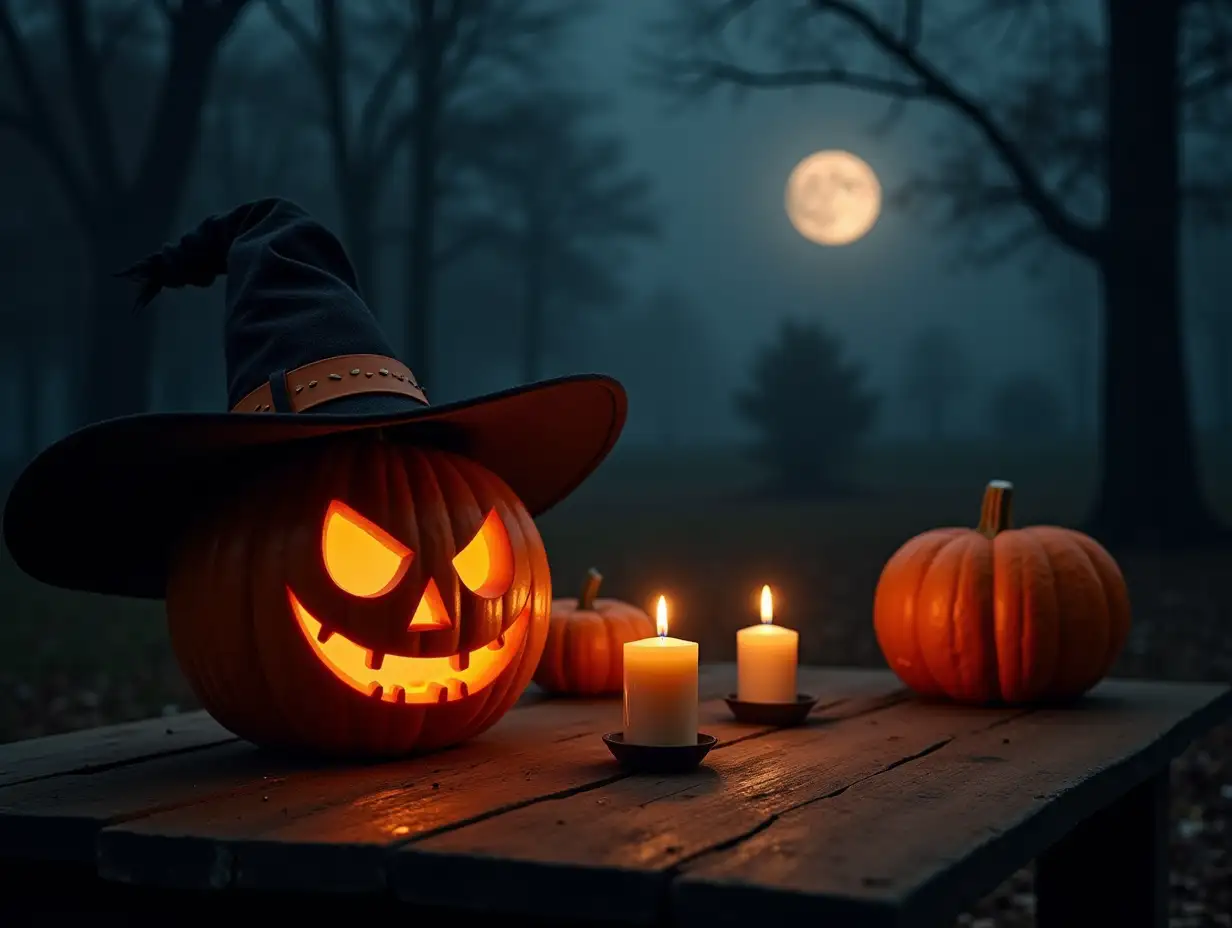 Spooky-Halloween-Night-Pumpkins-Witch-Hats-and-Candlelit-Table-Amidst-Enchanted-Forest