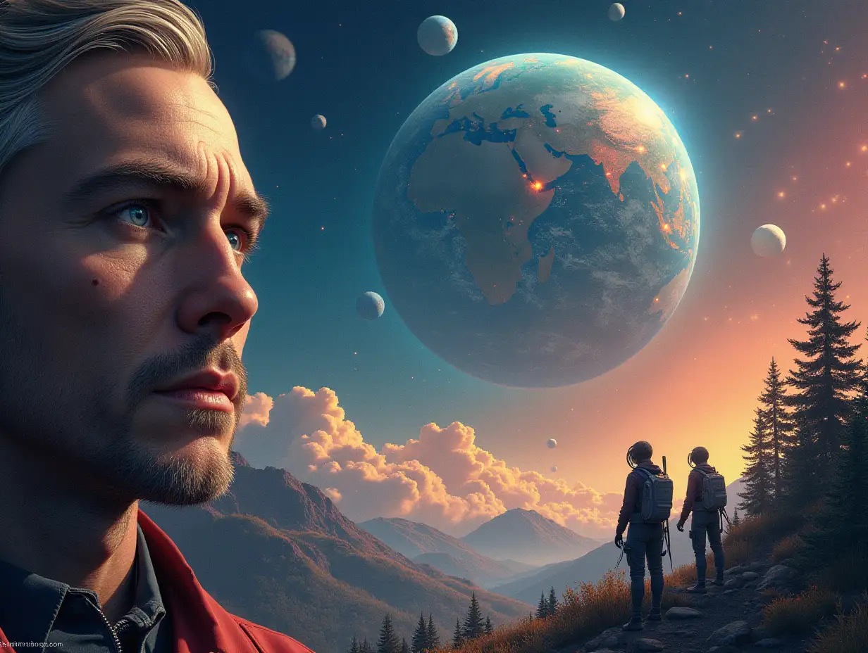 Hyperrealistic portrait of a multiverse time traveller and different alien beings, The intricately detailed, colorful forested planets in the background