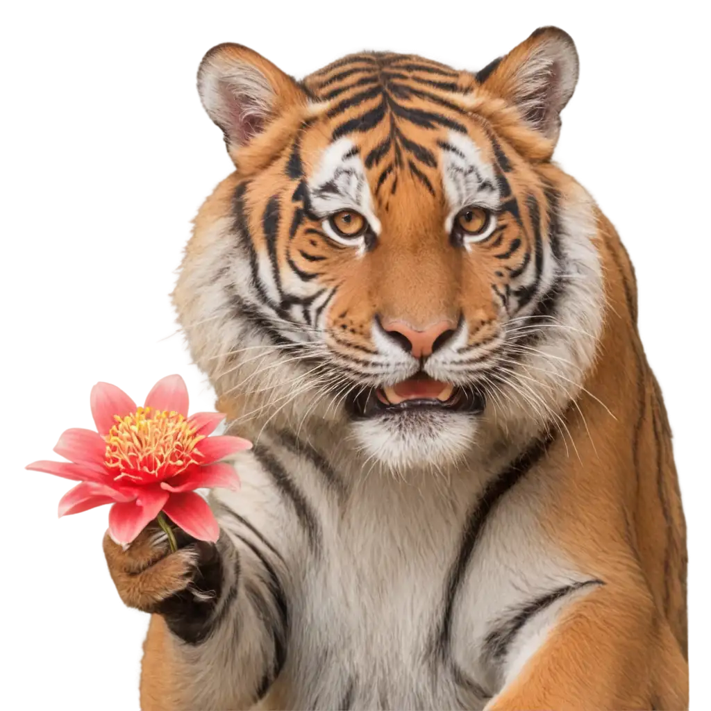 tiger holding a red flower