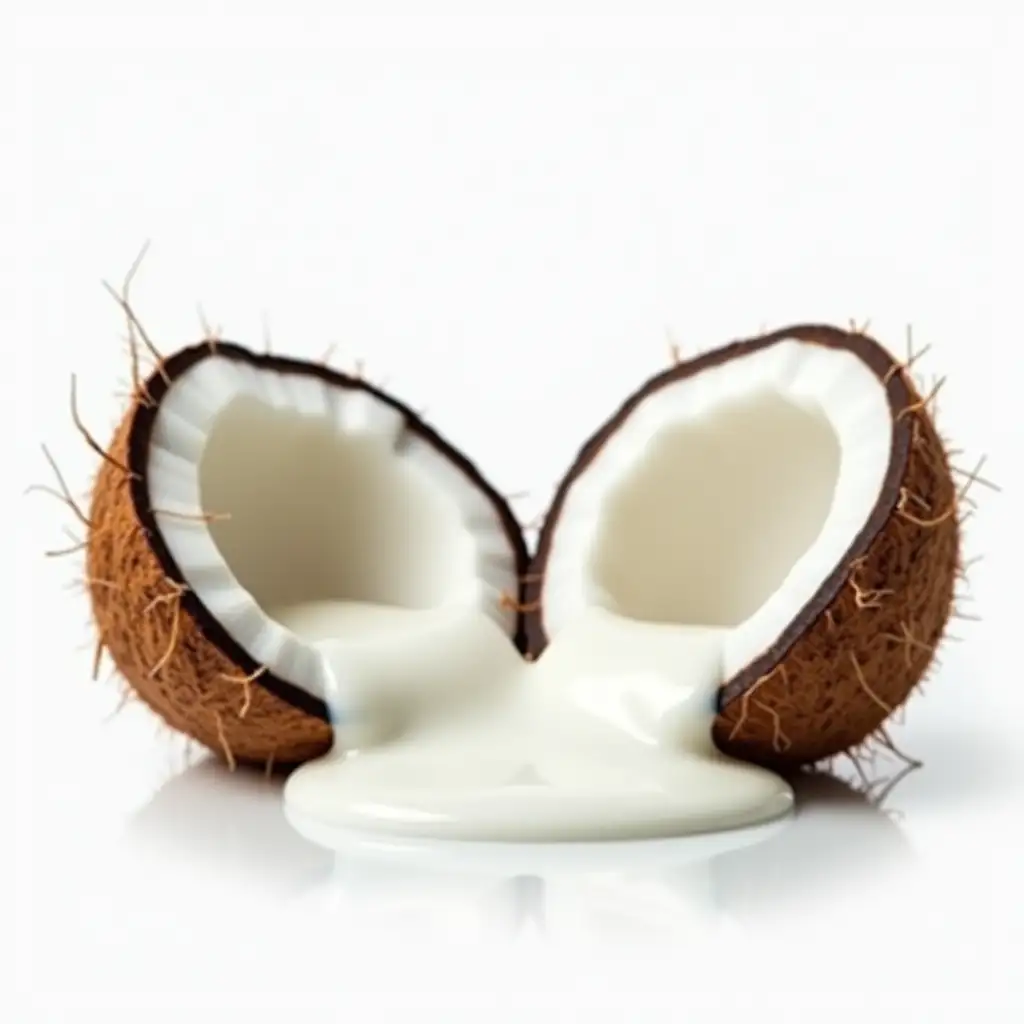 Two halves of a coconut with bright coconut milk flowing out