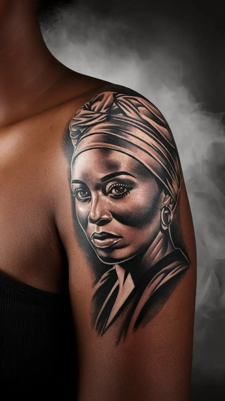 Create a close-up image of a Black woman’s shoulder with a detailed portrait tattoo of Nina Simone. The portrait captures her soulful gaze and signature headwrap, rendered in black and grey ink with intricate shading for depth. The tattoo sits proudly on the shoulder blade, her rich ebony skin enhancing the artwork’s intensity. The background fades into a misty grey, spotlighting the tattoo’s emotional resonance.