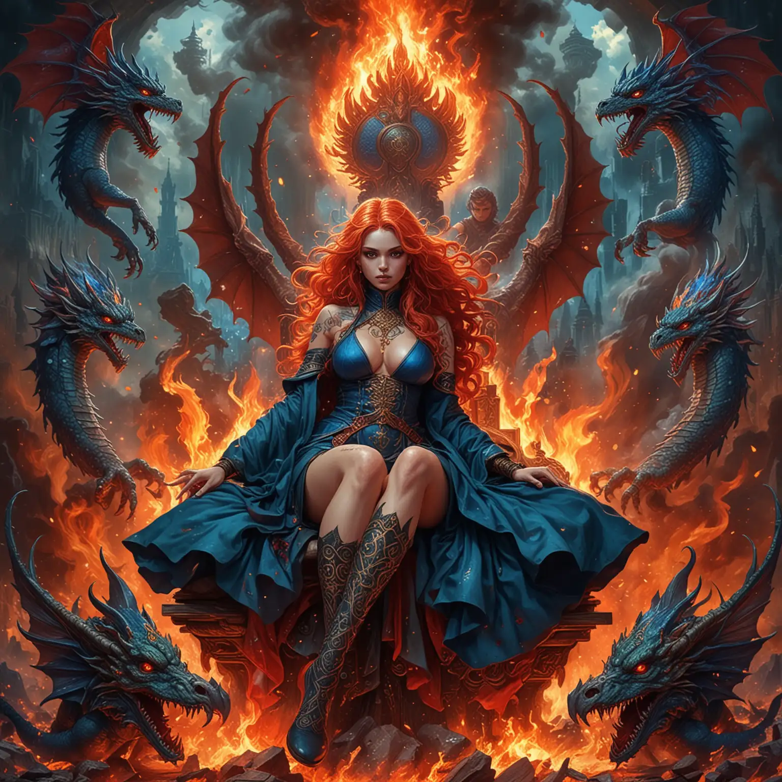 Goddess Empress Sorceress with Fire Dragons and Battle in the Sky