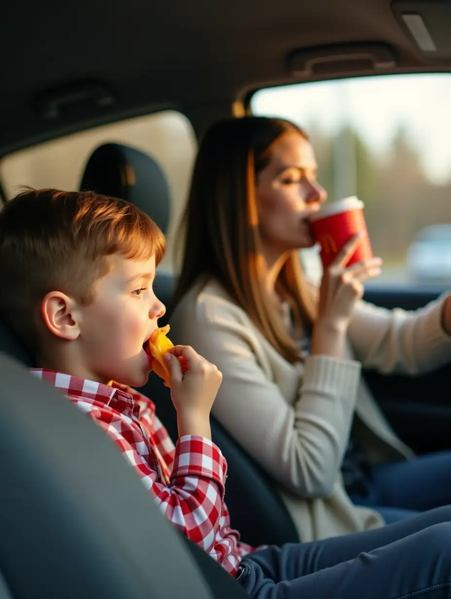 mother and little boy riding in car together. Little boy is sitting in the back eating a mcdonalds happy meal. Mother is driving while drinking a cup of mcdonalds coffee