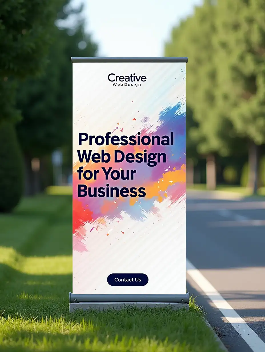 Create a mockup of a banner placed alongside the road. The banner should be in a vertical format with a bright and eye-catching design. Include the slogan 'Professional Web Design for Your Business' in a large, readable font. The background of the banner can feature vibrant colors with abstract patterns or graphic elements to attract attention. Depict a clean background with green trees and grass on either side of the banner to enhance its visibility and create a more natural composition. Add the logo of a fictional company 'Creative Web Design' at the top of the banner and a 'Contact Us' button at the bottom