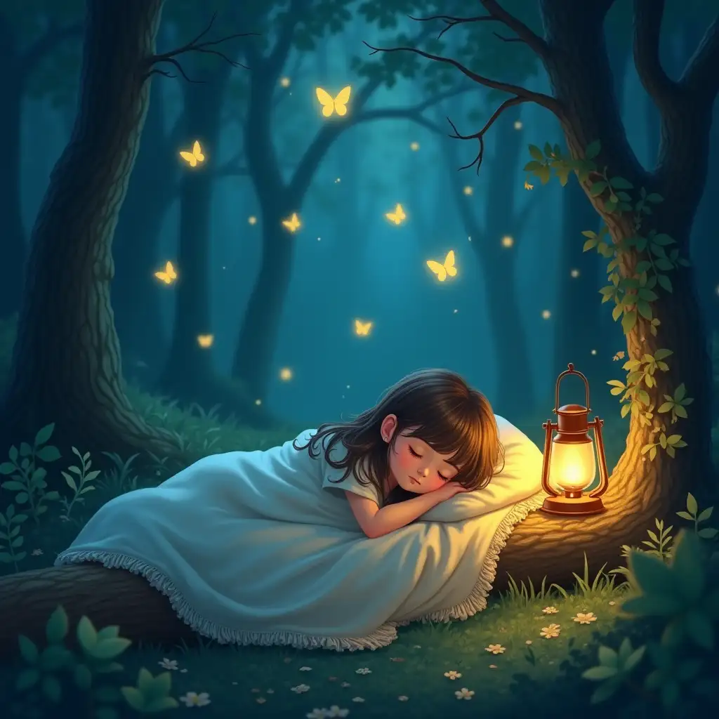 Magical-Child-Sleeping-in-Enchanted-Forest-with-Glowing-Butterflies