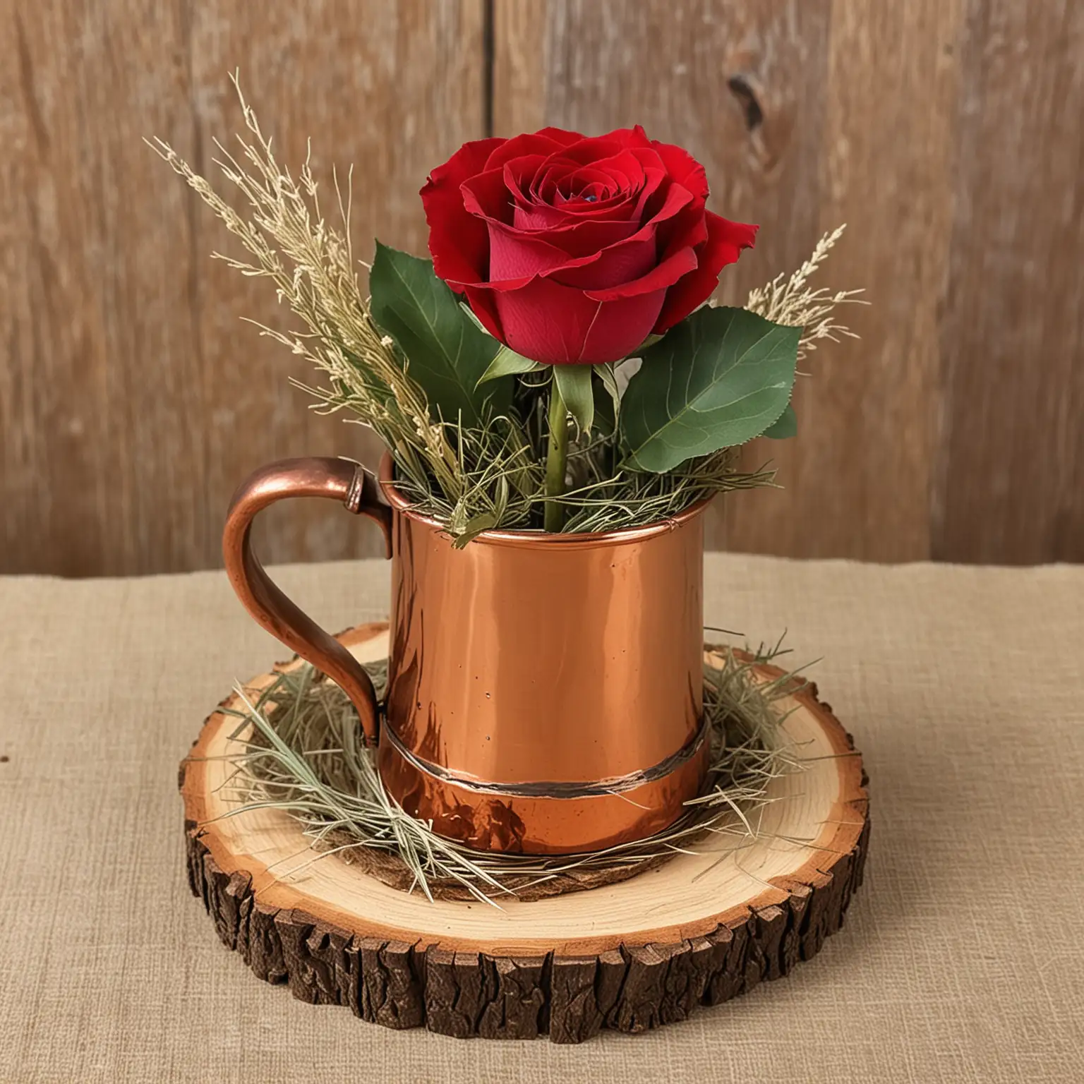 rustic centerpiece with a small round wood slice holding only a copper mug in the center that and inside the mug is a single red rose and the centerpiece is accented with hay; keep background neutral