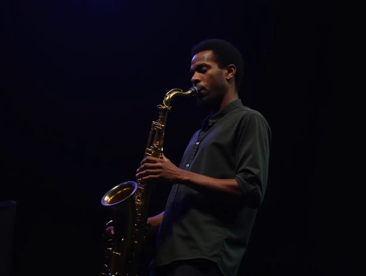 Medium shot of African American male jazz musician holding saxophone standing on stage, copy space