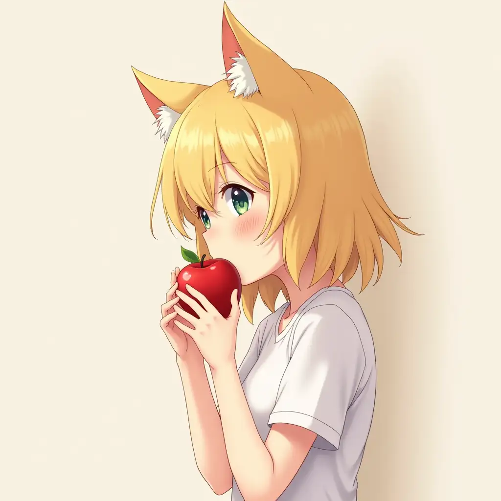 anime profile picture cute girl with cat ears, light golden hair, white t-shirt, photorealistic. girl has red apple in her hands, going to bite