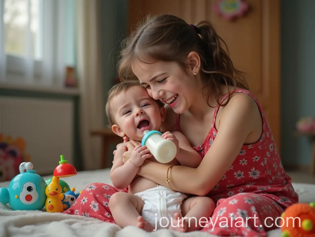 Teenage-Iranian-Mom-BottleFeeding-Crying-Baby-in-a-Colorful-Room