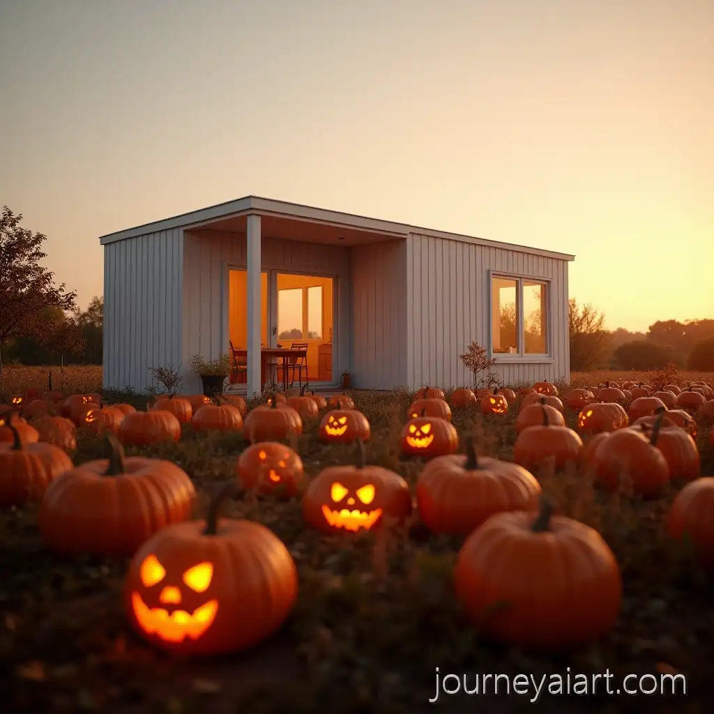ModernModern-prefab-cabin-sunset-White-Modular-Prefab-Cabin-in-Pumpkin-Field-at-Sunset-with-Carved-JackOLanterns