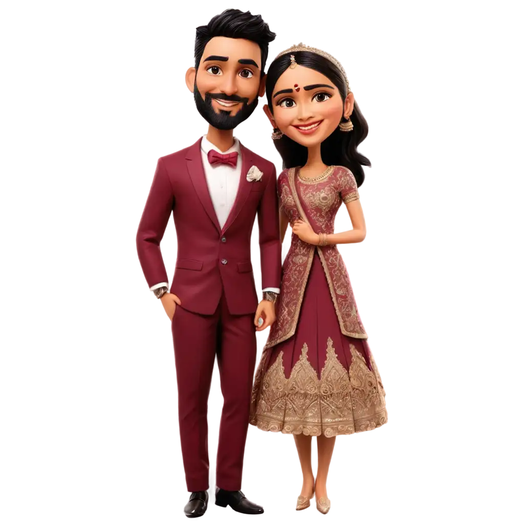 Vibrant-Indian-Hindu-Wedding-Caricature-PNG-Maroon-Tuxedo-and-Lehenga-for-Unforgettable-Celebrations