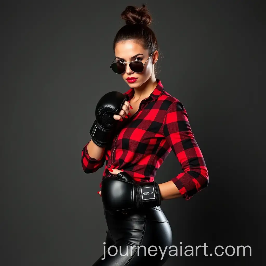 Fit-Brunette-Woman-in-RedBlack-Checkered-Shirt-and-Overknee-Boots-in-Fighting-Pose