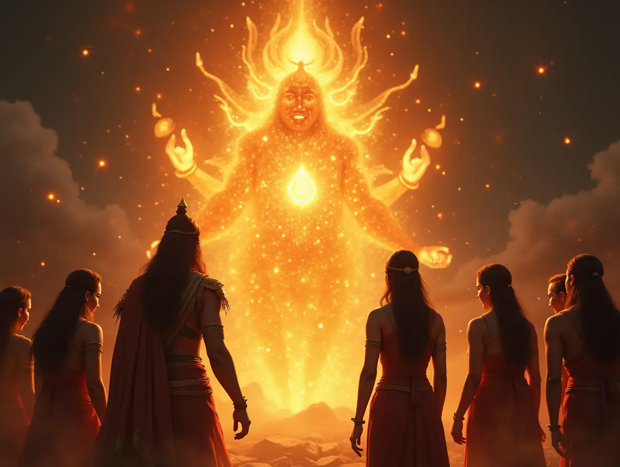 A radiant apparition of Kalbhairav appears before the group, glowing with divine energy. He blesses them for their wisdom, courage, and selflessness. The glowing gemstone floats towards King Virendra and Queen Saraswati as a symbol of their reward. The group looks relieved and grateful.