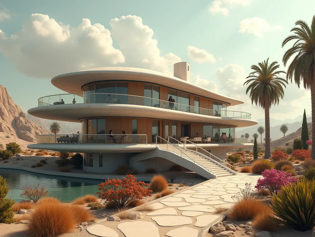 Create a high-resolution, realistic panorama image of a futuristic terrace building with window UFO house with bridge, one and one with people, many plants and colorful flowers White and brown facades in the desert oasis, large trees, very cloudy sky