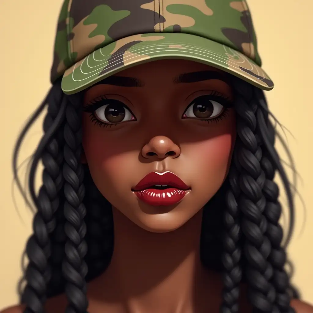 A digital painting in the style of a vibrant, contemporary portrait, a cartoonish anthropomorphic style depicts a person with a strong, confident demeanor.  The subject, a person with smooth, dark skin, wears a camouflage baseball cap that obscures their eyes, adding an element of mystery.  Their lips are painted a bold, glossy shade of dark red.  Long, cascading dark braids frame their face, creating texture and rhythmic lines in the composition. The earthy tones of the camouflage cap contrast with the smooth skin, enhancing the subject's presence.  The background is a blurred, out-of-focus neutral beige, drawing all attention to the face and hair. The lighting is soft and diffused, creating subtle shadows that accentuate the facial features. The overall vibe is one of cool confidence and resilience; the subject exudes an 'unbothered' attitude.  The photograph is taken from a slightly low angle, emphasizing the subject's strong gaze even though their eyes are hidden.  Subject fills the frame, extreme close up on face, shallow depth of field, film grain, Kodak Portra 400, matte finish, vignette.