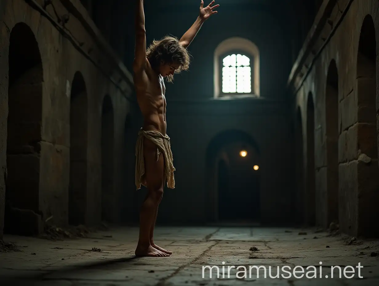 Vulnerable Young Man in Ancient Vault