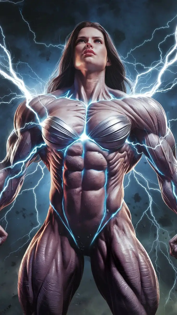 30-year-old muscle woman with bulging, impossibly mighty muscles receiving awesome cosmic superpowers from the gods. Caucasian. Violent bolts of silver and blue lightning cover her body. Her body glows with luminous silver and blue superpower. She is becoming a godlike superhero. Long dark hair. Photorealistic.