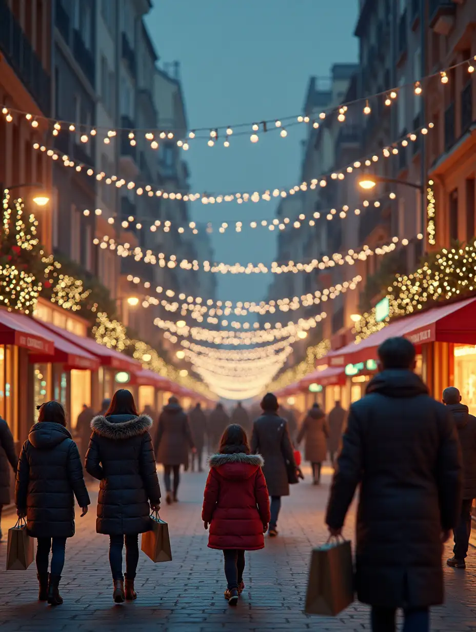 a city view with lights and Christmas decorations. Many people on the streets with coats, happy children and people with shopping bags in their hands. Hyper realistic style