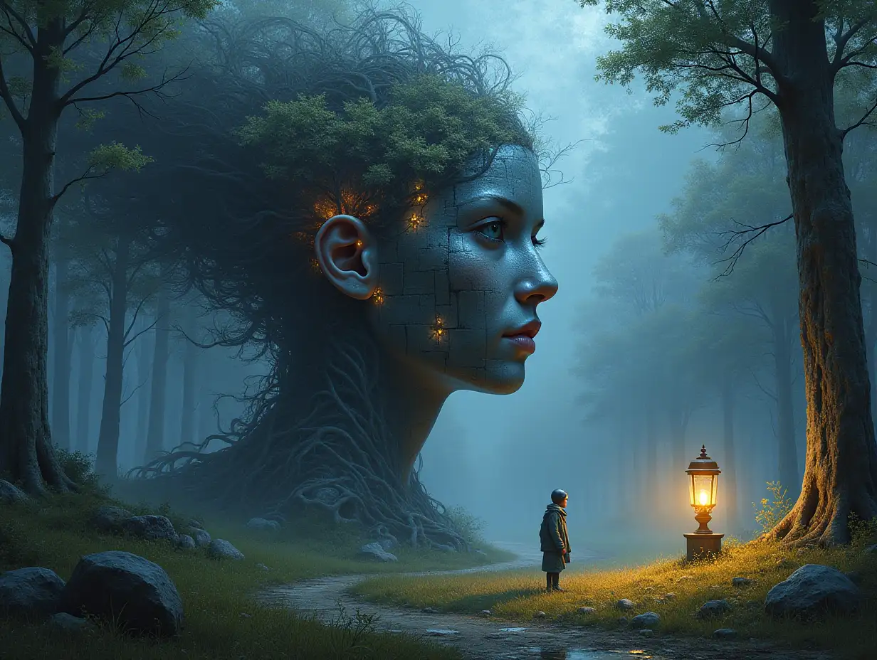 Creating a digital painting of a face with hair transforming into a building with silver stone and illuminated trees with roots and lantern and alien creatures on a meadow