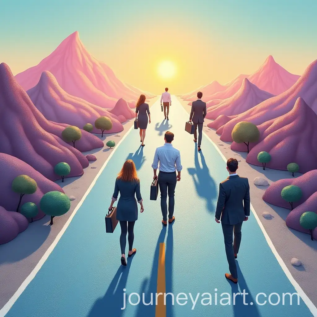 Business-People-Walking-on-Colorful-Surreal-Road-with-Mountain-Artwork