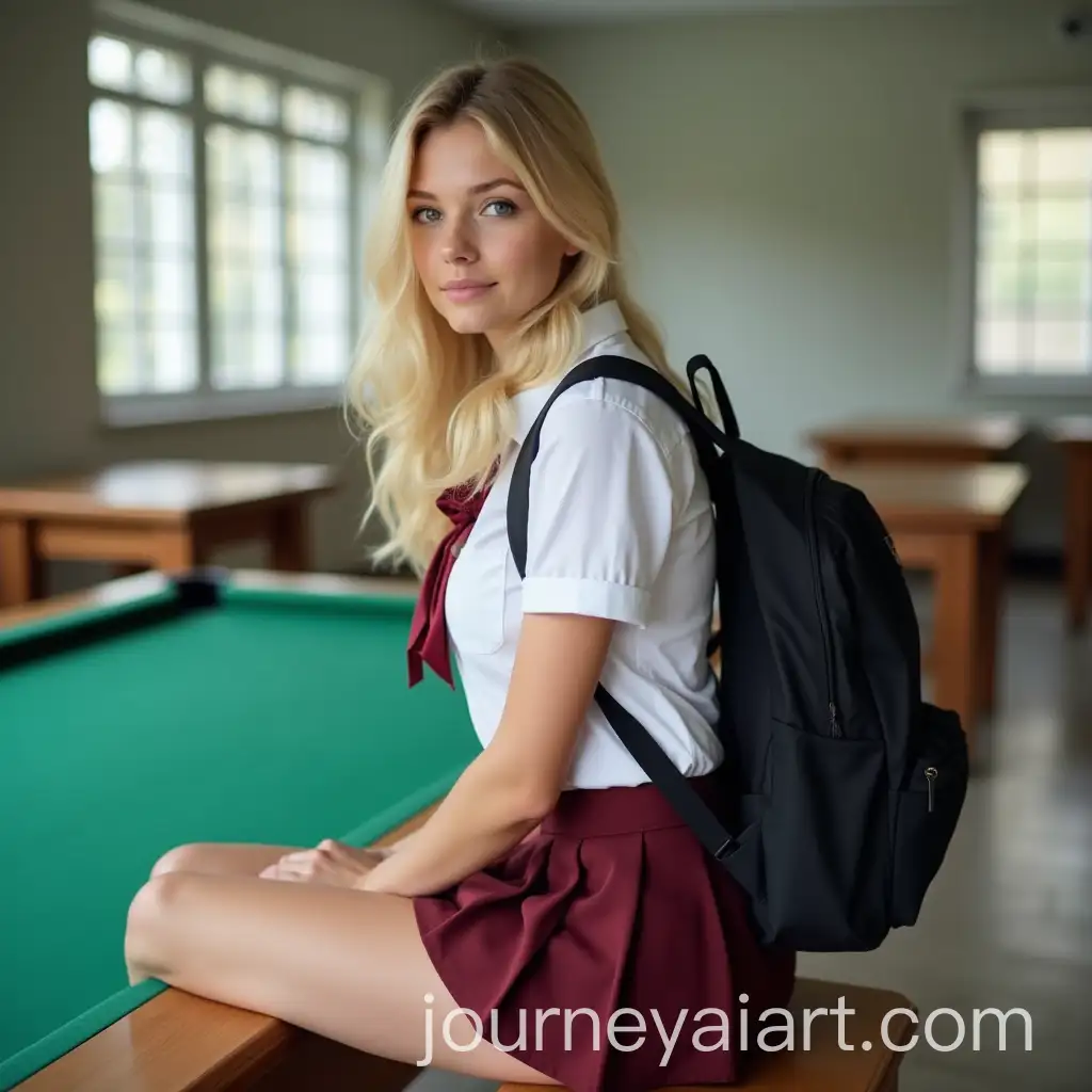 Blonde-Woman-in-School-Girl-Uniform-Sitting-on-Pool-Table-with-Black-Backpack