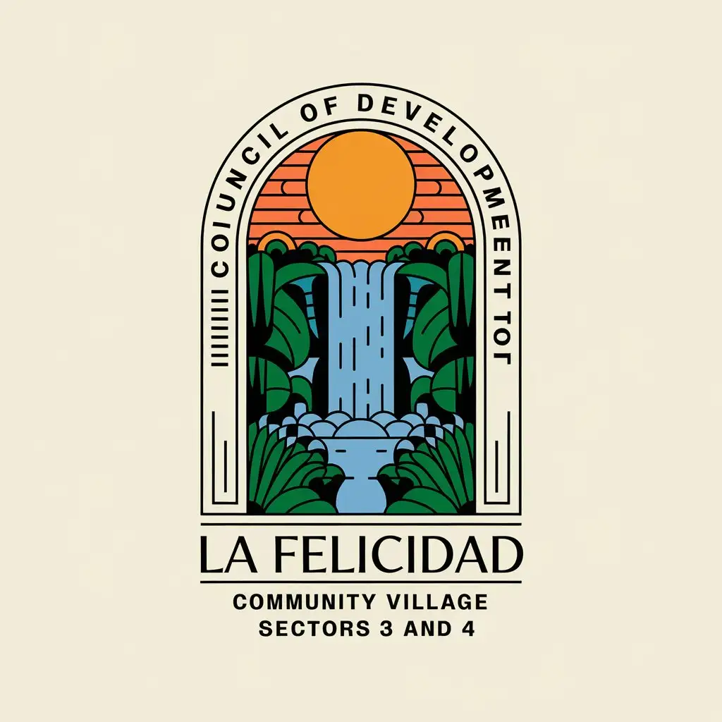 a vector logo design,with the text "Council of development for the community village la felicidad sectors 3 and 4", main symbol:Waterfall, vegetation and a sun,complex,clear background