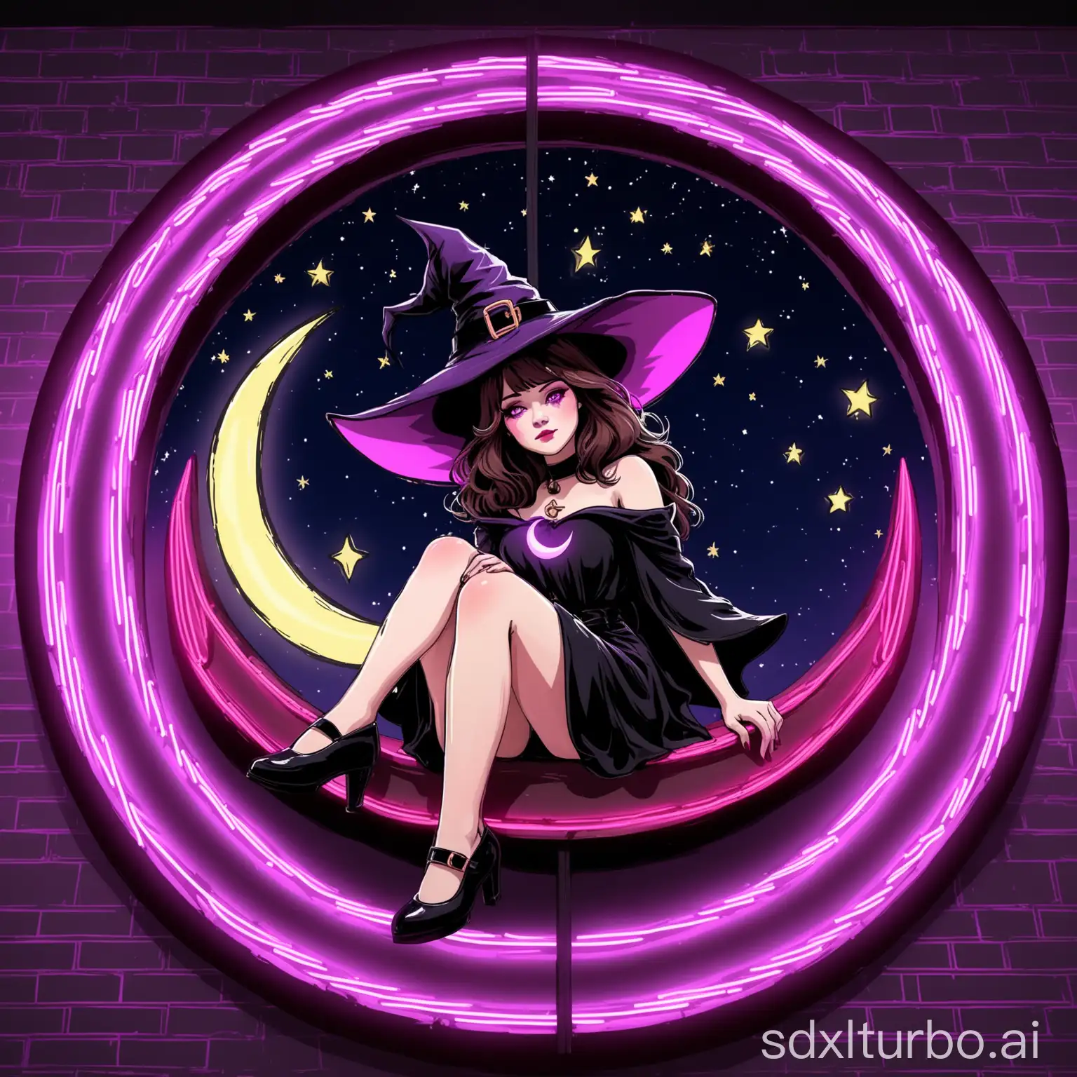 beautiful woman with pink purple witch hat and medium brown hair, sitting inside the crest of a neon sign crescent moon, witchy style