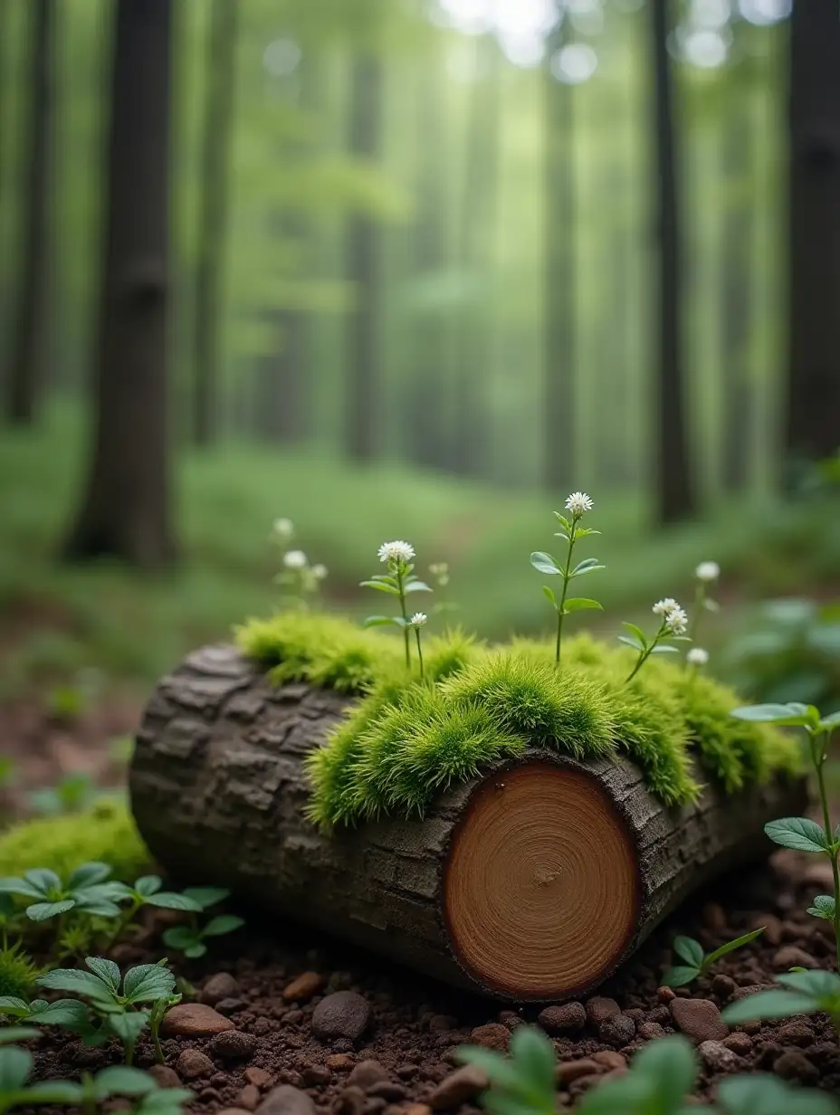 Small Wooden log in the forest, little greens on it, cloudy, aesthetic