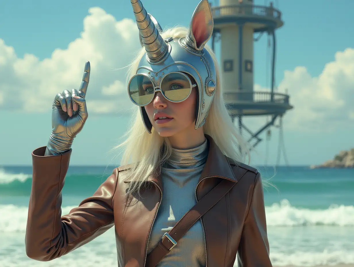 Female half-elf transforms into a tall building with a terrace with a lantern and hanging swing on the beach with large waves and clouds in a leather jacket, with a raised silver hand and unicorn helmet with integrated mirror glasses