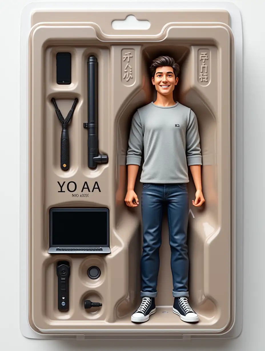 Use this photo of me to create your own action figure in a blister pack in the style of a premium collectible toy. The figure should stand and smile in a relaxed and friendly manner. The blister pack should have a heading with the text '[ЯНА КУЗНЕЦОВA]' written in large letters, and the subtitle '[БИЗНЕС ЛЕДИ]' under it. Arrange the accessories into compartments on the side of the image: [ноутбук, стопка бумаг, смартфон, рулетка].
