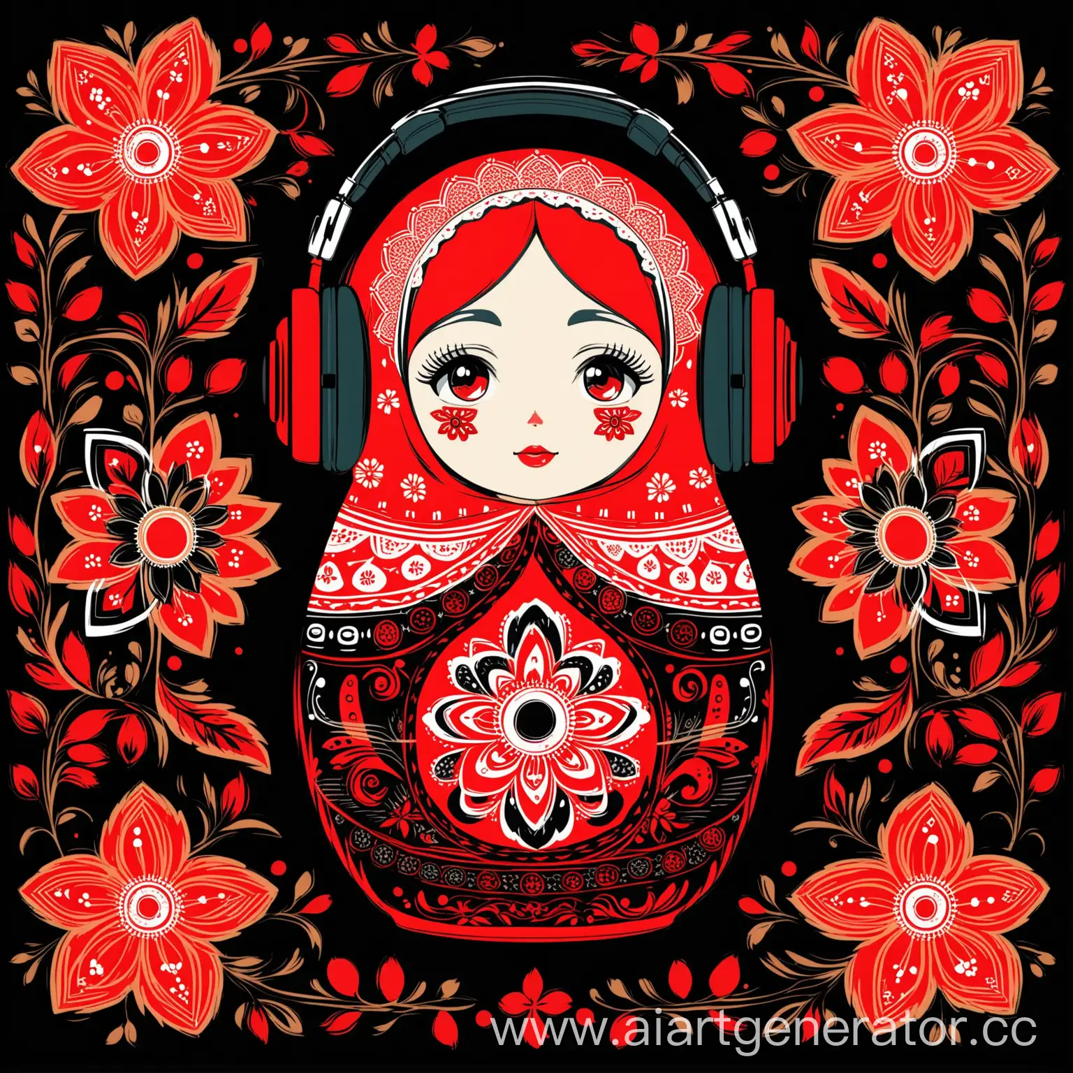 Contemporary-Matryoshka-Doll-with-Headphones-in-Folk-Art-Style