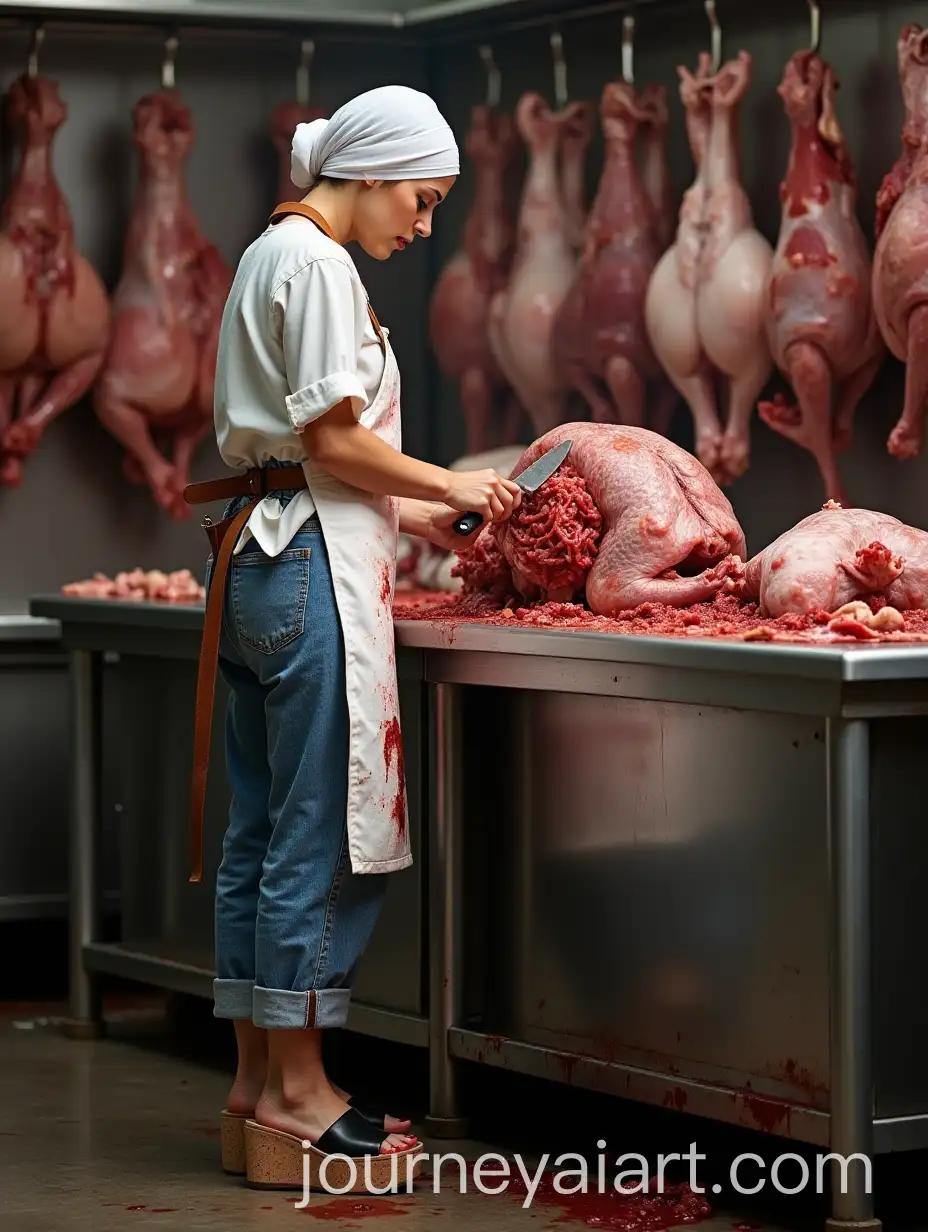 Female-Butcher-Preparing-Turkey-in-Her-Shop-with-Bloodstained-Apron-and-Cork-Wedge-MulesAI-Art-Prompt-Expansion