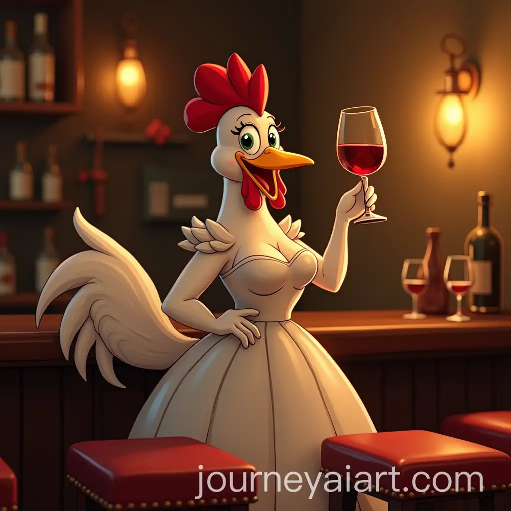 Cartoon-Chicken-in-Ballgown-Drinking-Wine-at-a-Bar