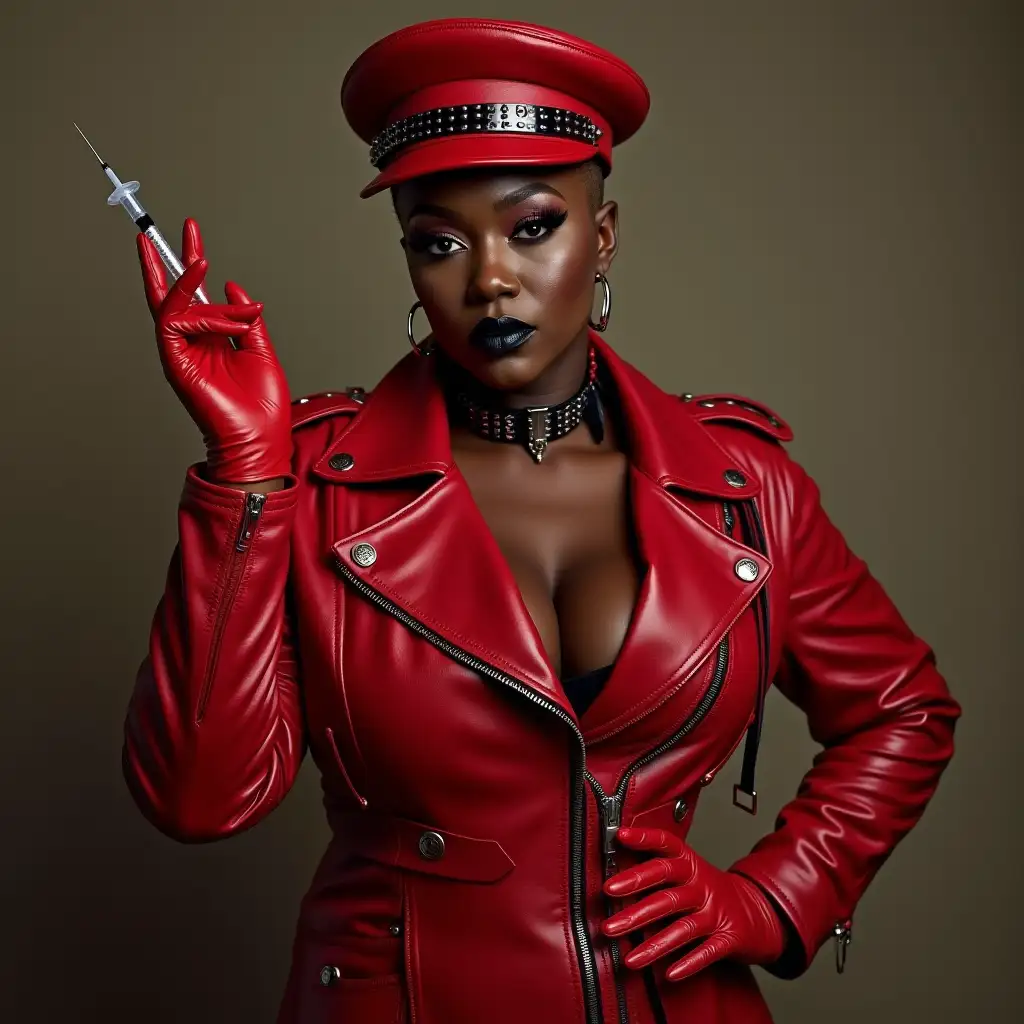 Dark-Ebony-Rapper-Lizzo-in-Red-Leather-Biker-Jacket-and-Military-Hat-with-Injection-Needle