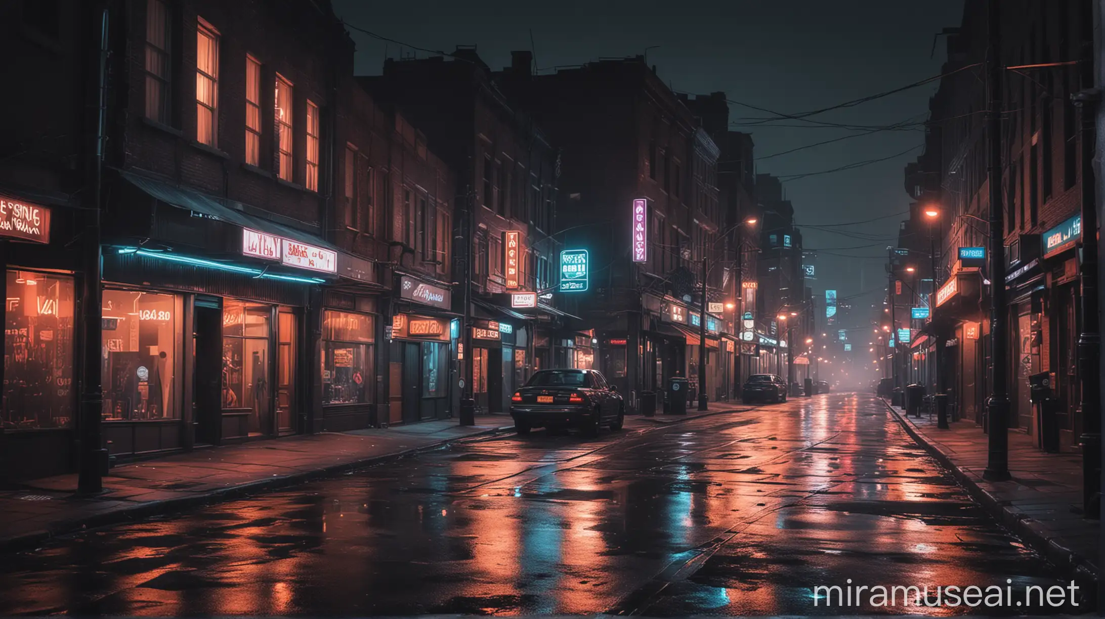 Moody Neonlit Urban City Streetscape at Night