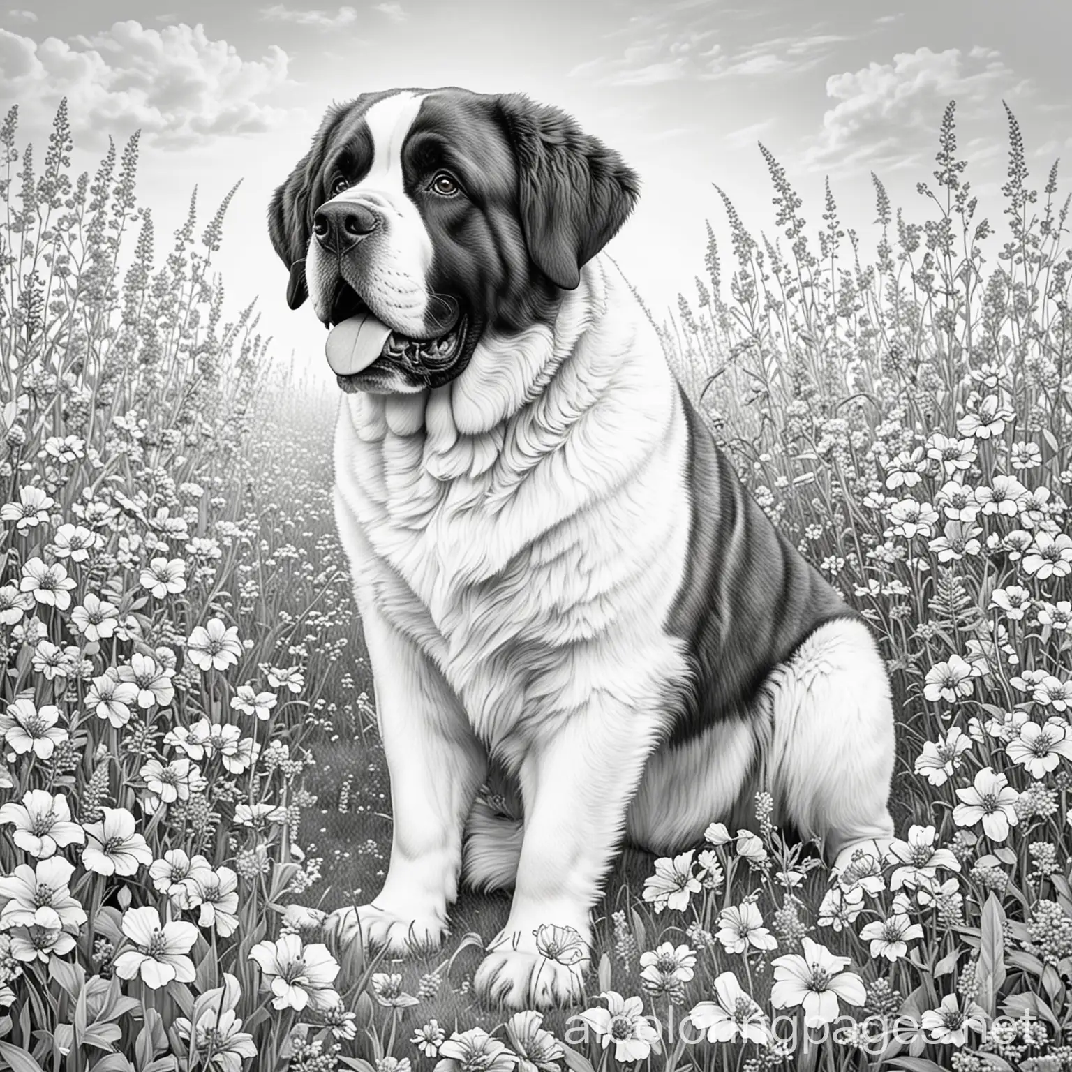 Saint-Bernard-Playing-in-a-Flower-Field-Coloring-Page-for-Kids