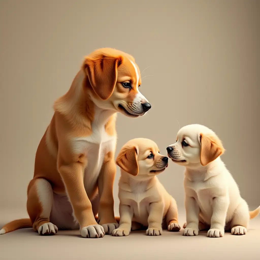 happy puppies sat at the feet of mummy dog, looking at each other