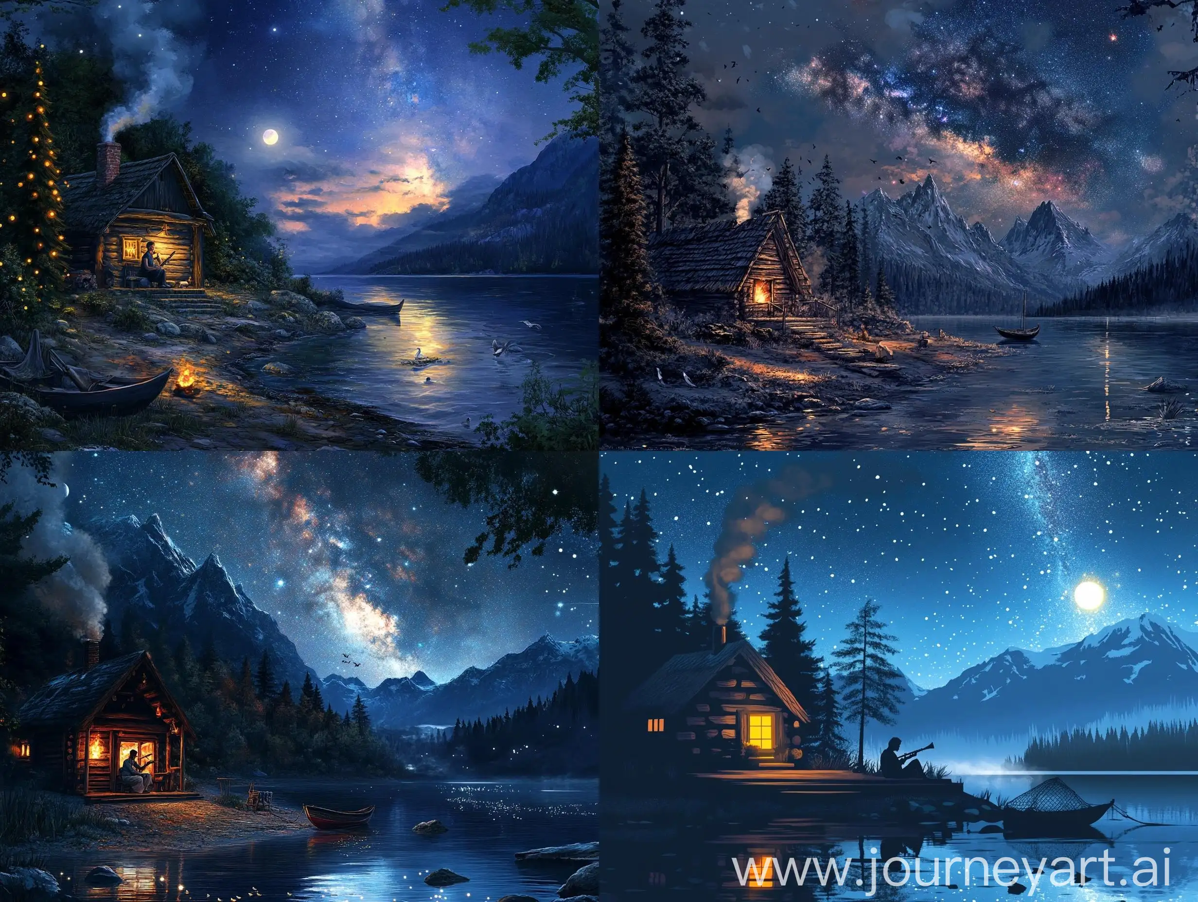 Riverside-Hut-at-Night-with-Flute-Player-and-Starlit-Sky